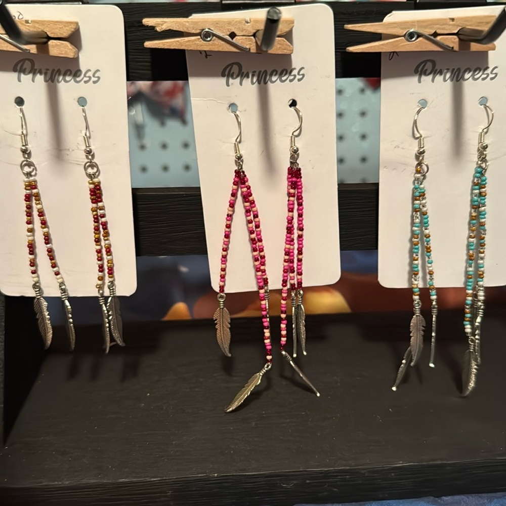 Beaded Feather Earrings - Pink and Turquoise